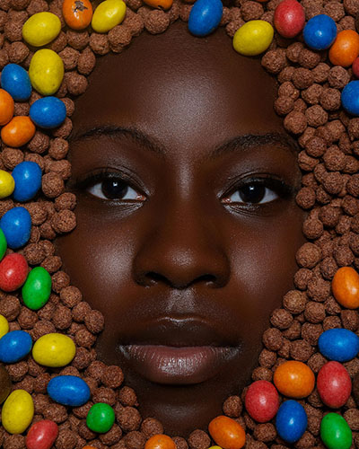 rostro de mujer rodeada de dulces que hacer adiccion dulces biodescodificacion