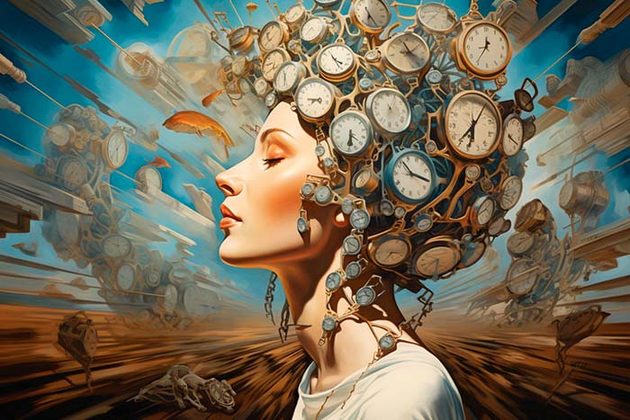 mujer cabeza llena de relojes representando significado del hipertiroidismo biodescodificacion