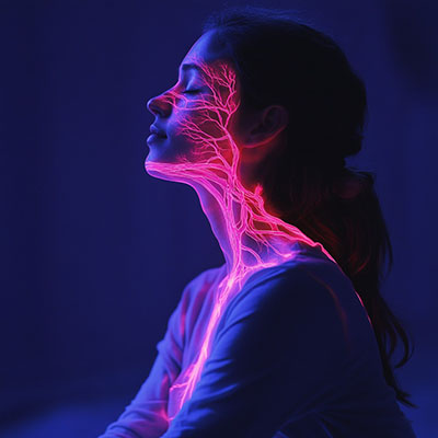mujer iluminada con haz de neon que consigue entenderse mejor con biodescodificacion euse alegre cerezo